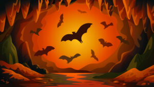 Cave with bats on sunset Panoramic vector landscape with flying bats and red firelight Vector illustration in flat cartoon style -  Going into your Batcave to create your product